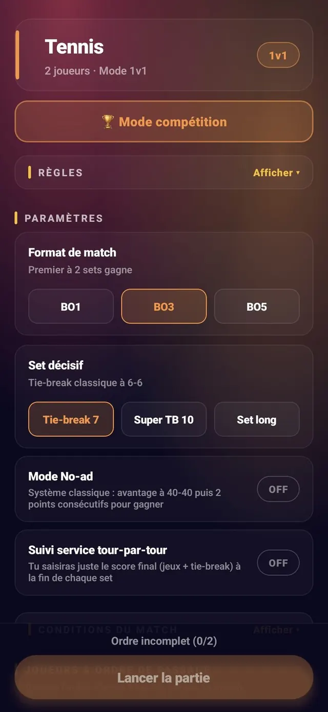 ScoreCrew — tennis — paramètres (1/5)