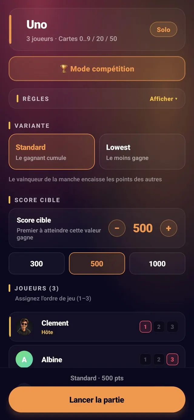 ScoreCrew — Uno — paramètres de la partie