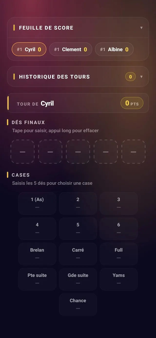 ScoreCrew — Yams — préparer le tour (suite)