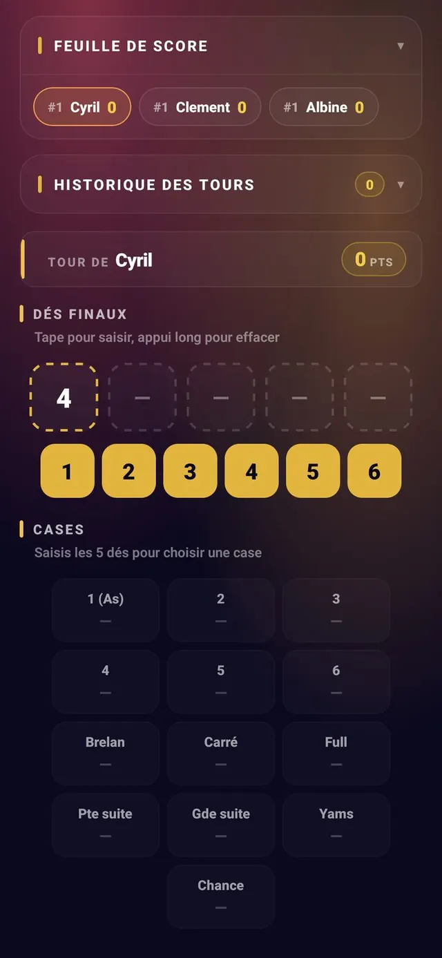 ScoreCrew — Yams — saisie d'une case (2/7)