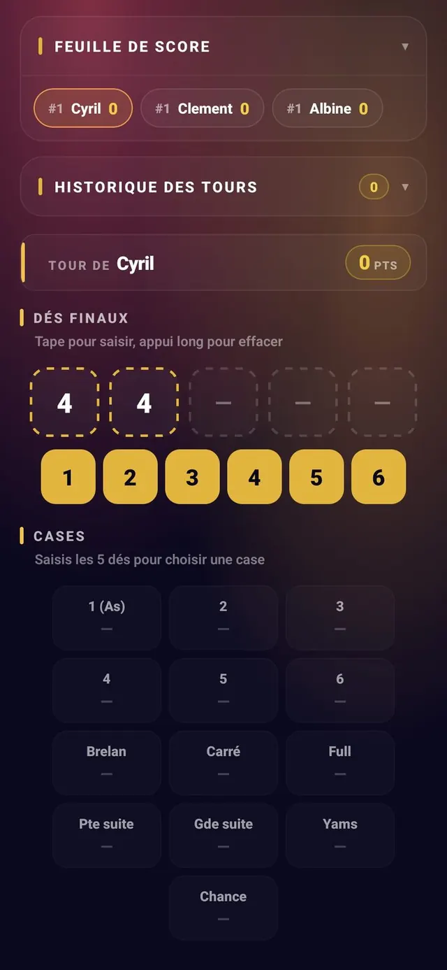 ScoreCrew — Yams — saisie d'une case (3/7)