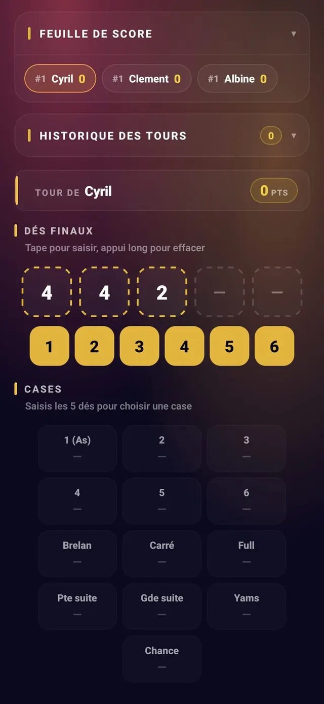 ScoreCrew — Yams — saisie d'une case (4/7)
