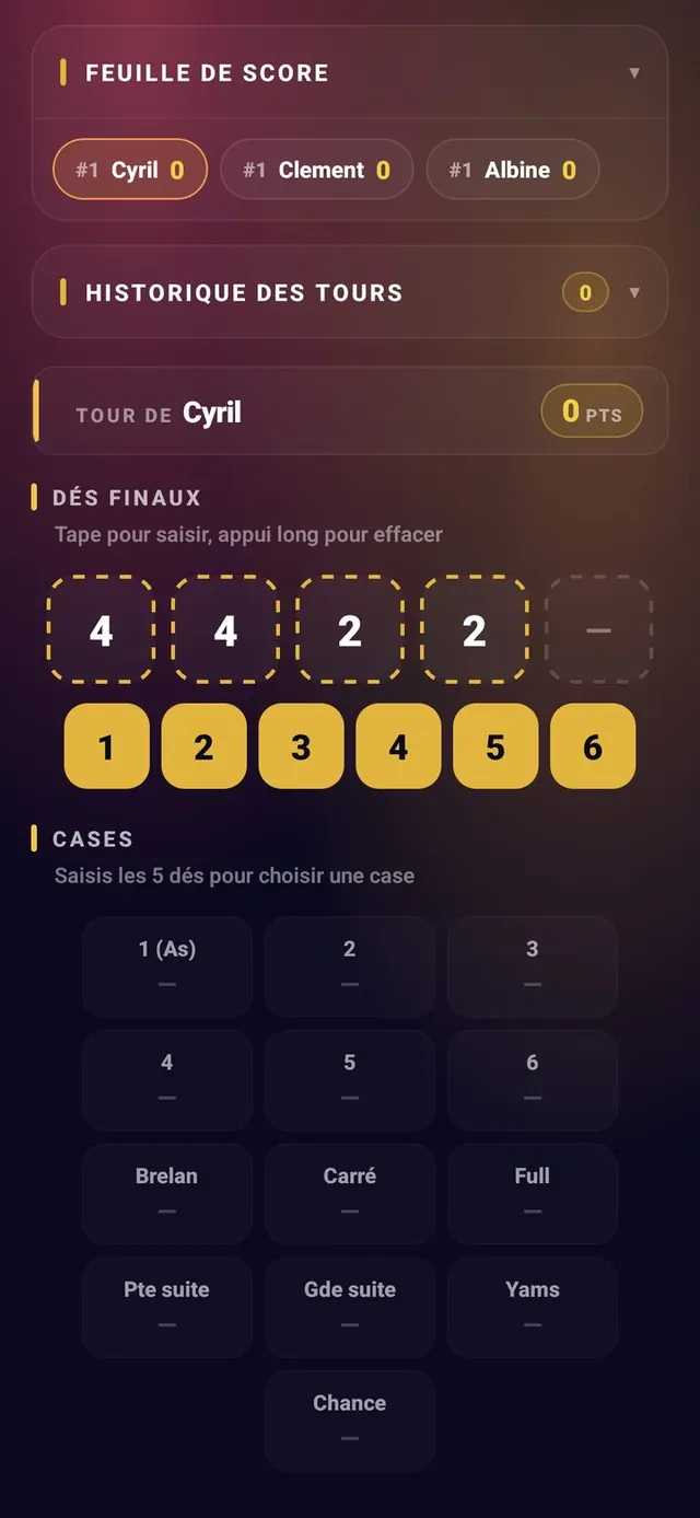 ScoreCrew — Yams — saisie d'une case (5/7)