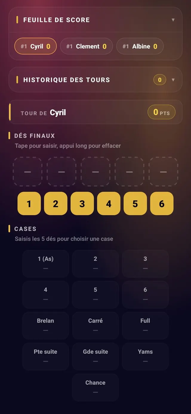 ScoreCrew — Yams — saisie d'une case (1/7)